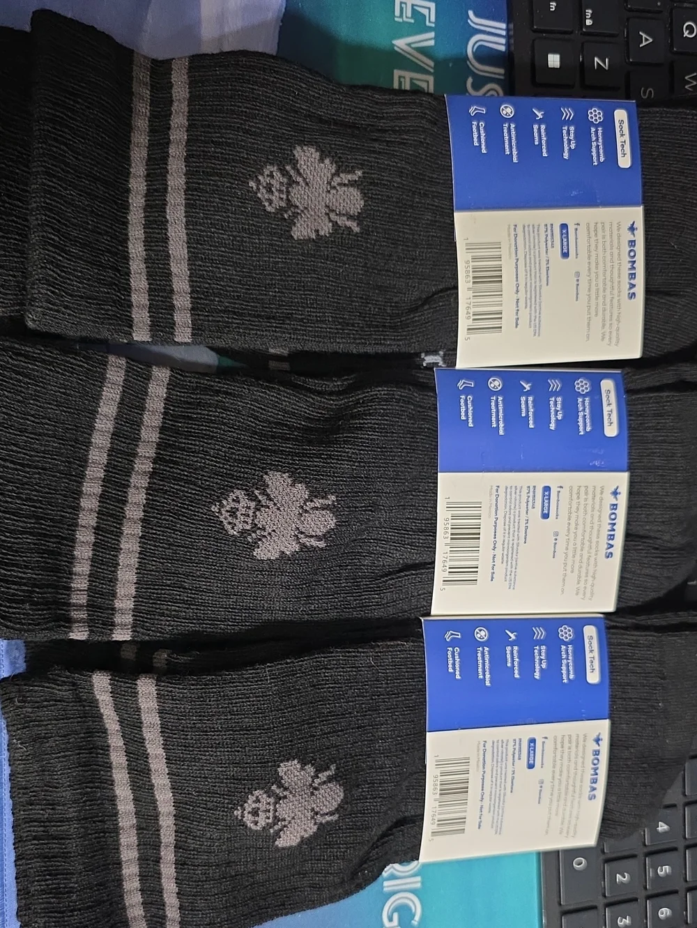 Bombas Black Crew Socks with Gray Stripe Accents (3-Pack) New